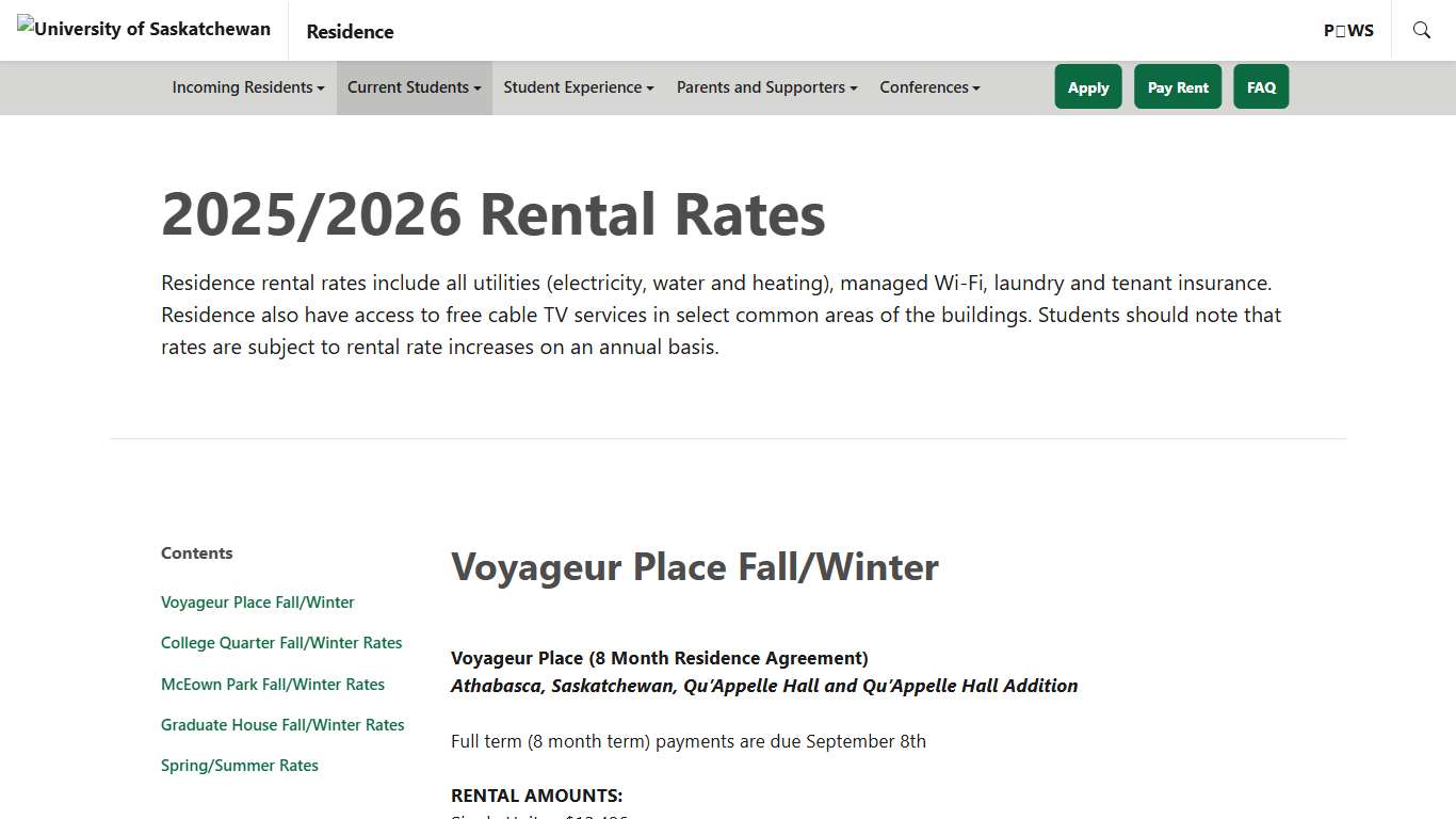 2025/2026 Rental Rates - Residence University of Saskatchewan